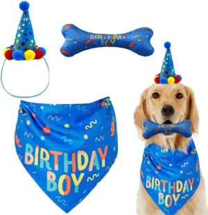 Dog Birthday Boy Bandana Hat Toy Set Pet Happy Birthday Party Supplies Triangle Bibs with Cute Bone Dog Birthday Scarf Accessories and Decoration for Doggy Large Dog – Blue